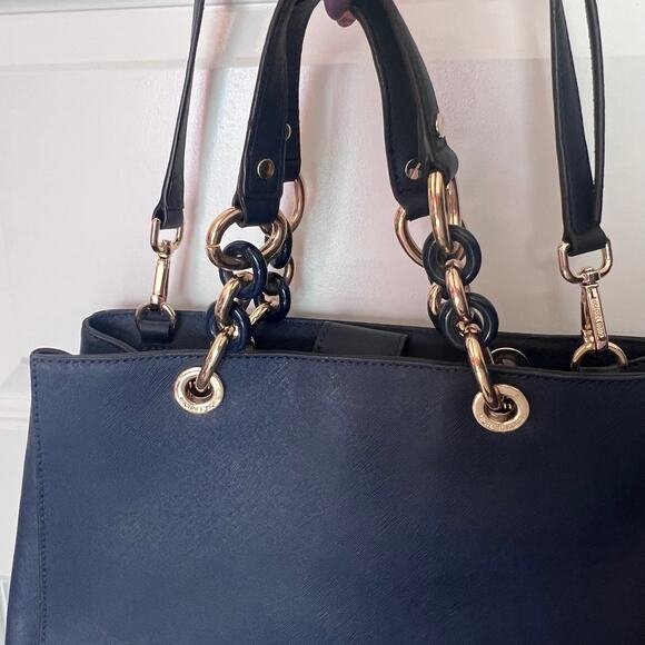 Michael Kors Navy Blue Saffiano Leather Cynthia Tote with Gold Hardware - Picture 4 of 16